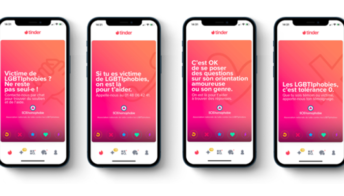 Application Tinder avec renvoi vers la ligne d'écoute SOS homophobie